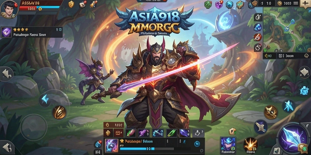Screenshot gameplay ASIA918, menampilkan pertarungan epik dalam MMORPG.