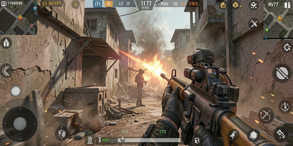 Screenshot menunjukkan aksi intens dalam gameplay NV77.