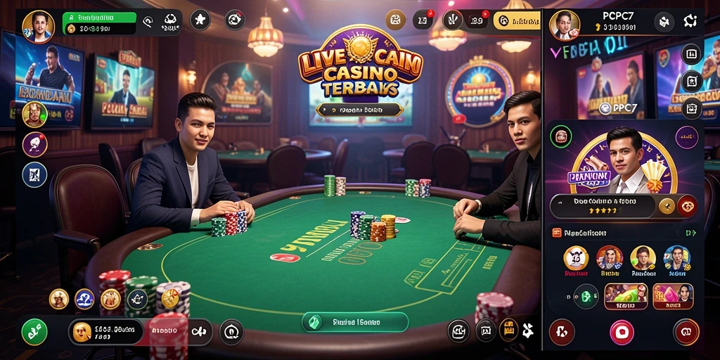 Screenshot utama PCPC7 menunjukkan dealer langsung yang berinteraksi dengan pemain.