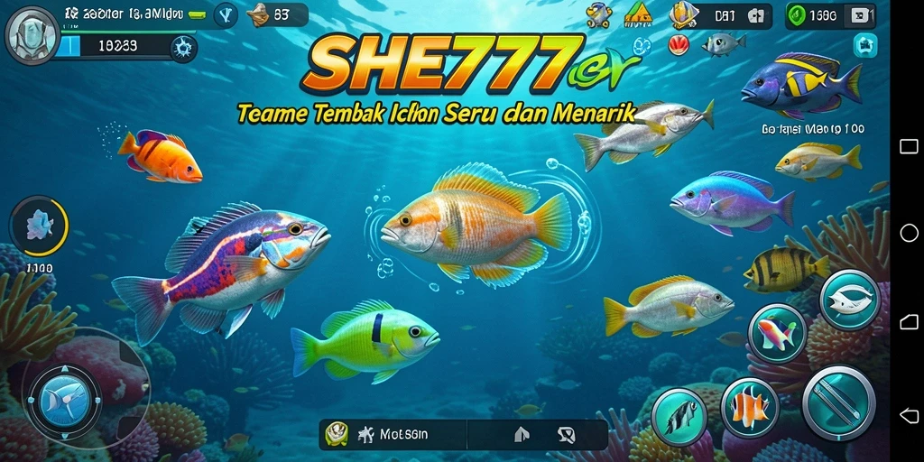 Tangkapan layar gameplay seru dari SHE777 yang menampilkan aksi Tembak Ikan.