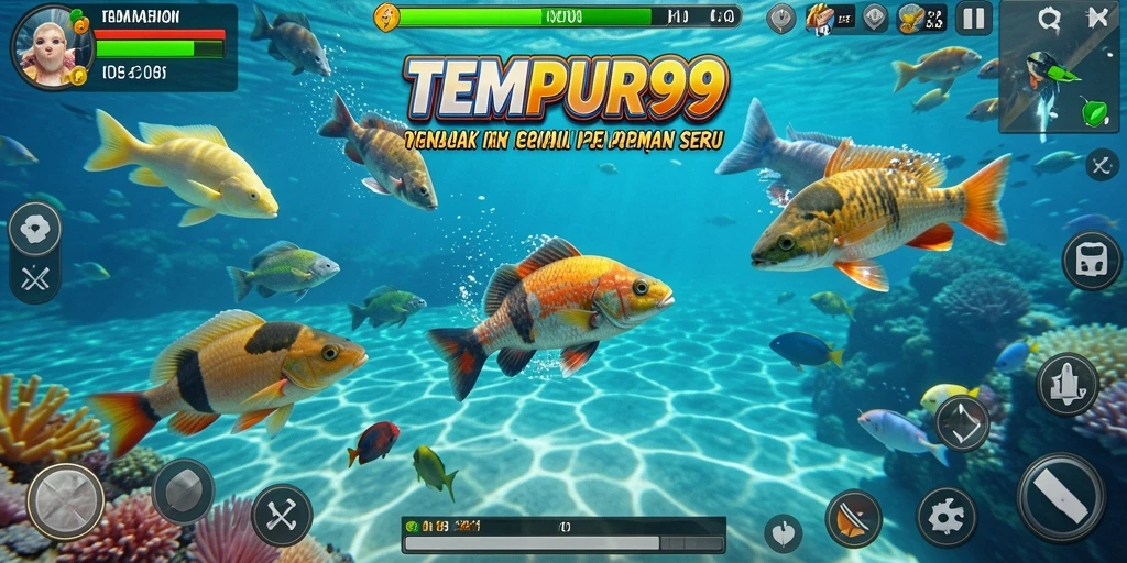 Tampilan gameplay seru dalam TEMPUR99 dengan berbagai ikan untuk diburu.
